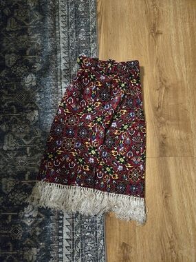 Women’s Red Patterned Fringe Hem Skirt